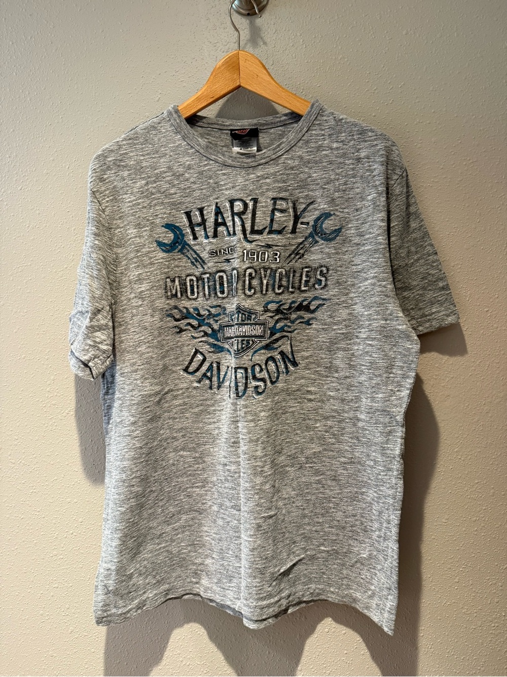 Harley-Davidson Motorcycles Heather Grey Graphic Tee T-Shirt Wrench Flame Size L